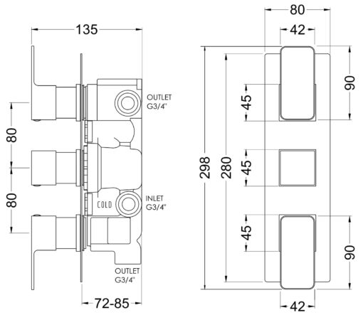 Brushed Brass Square Triple Thermostatic Valve with Diverter